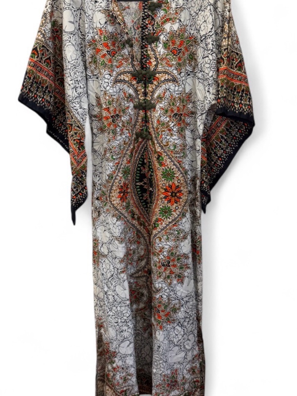 Vintage 70s Thai Cotton Kaftan Maxi Dress Paisley Boho Frog Closure Medium